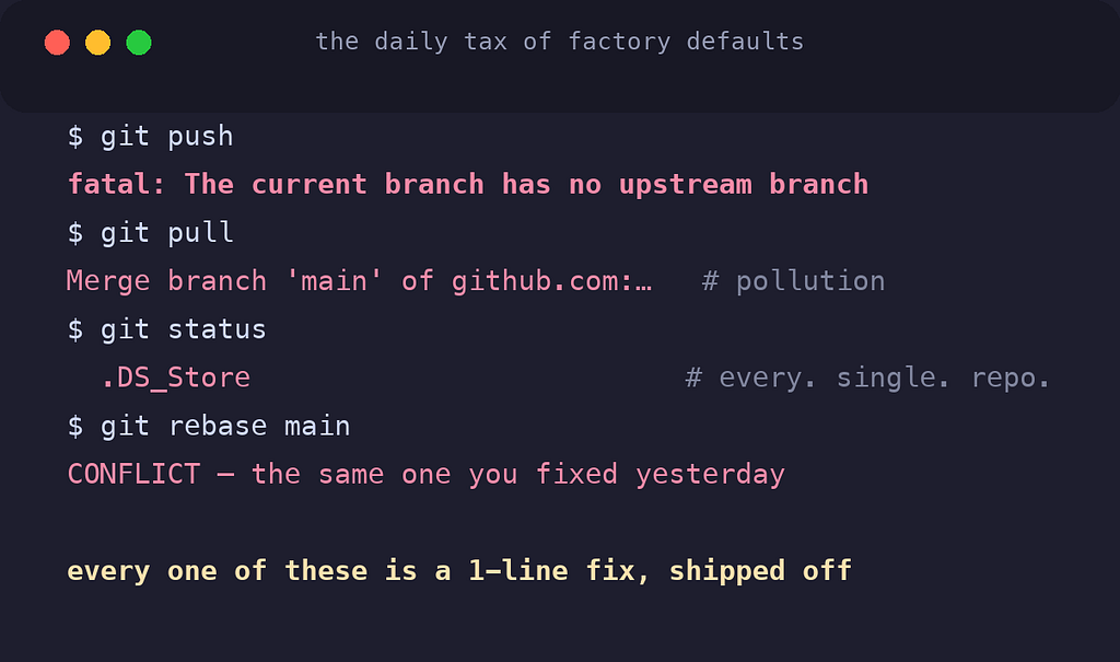 the daily tax of git's factory defaults: each annoyance and its one-line fix