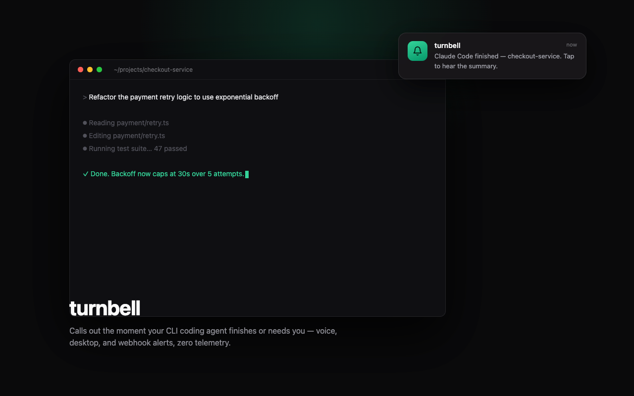 turnbell - Voice, Desktop & Webhook Alerts for CLI Coding Agents